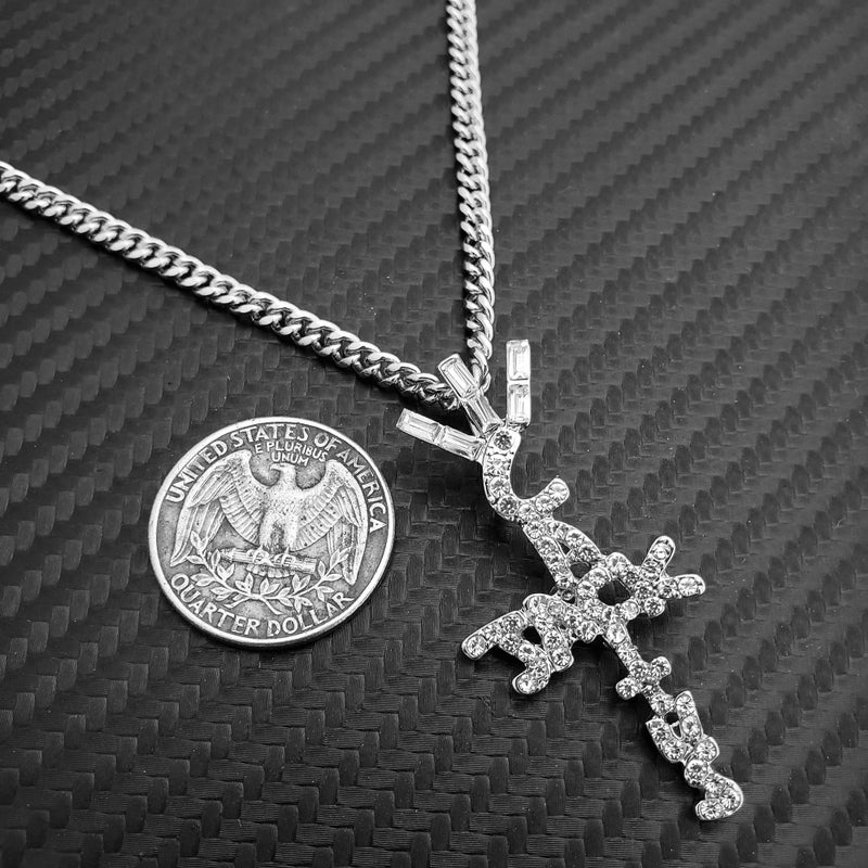 BLINGFACTORY Hip Hop Iced Crystal Cactus Jack Cross Pendant & 3mm 24 Miami Cuban Chain Necklace - Image 3